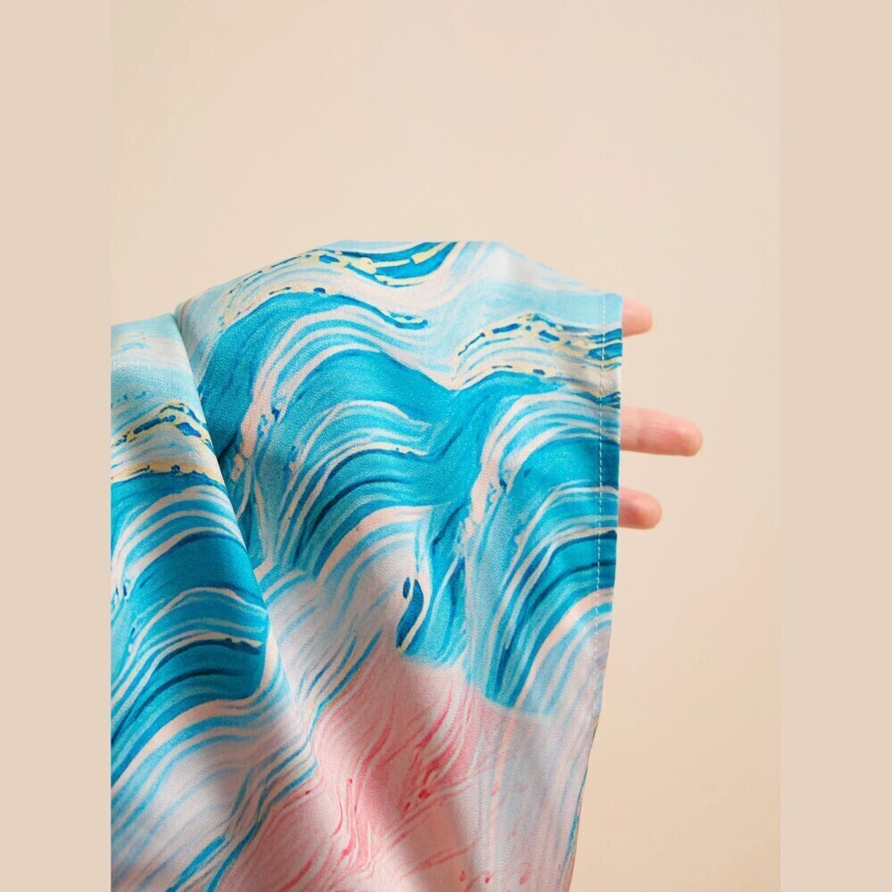 Orange / Blue Marble Print Draped Wrap Front High Slit Maxi Skirt - Picture 7 of 7